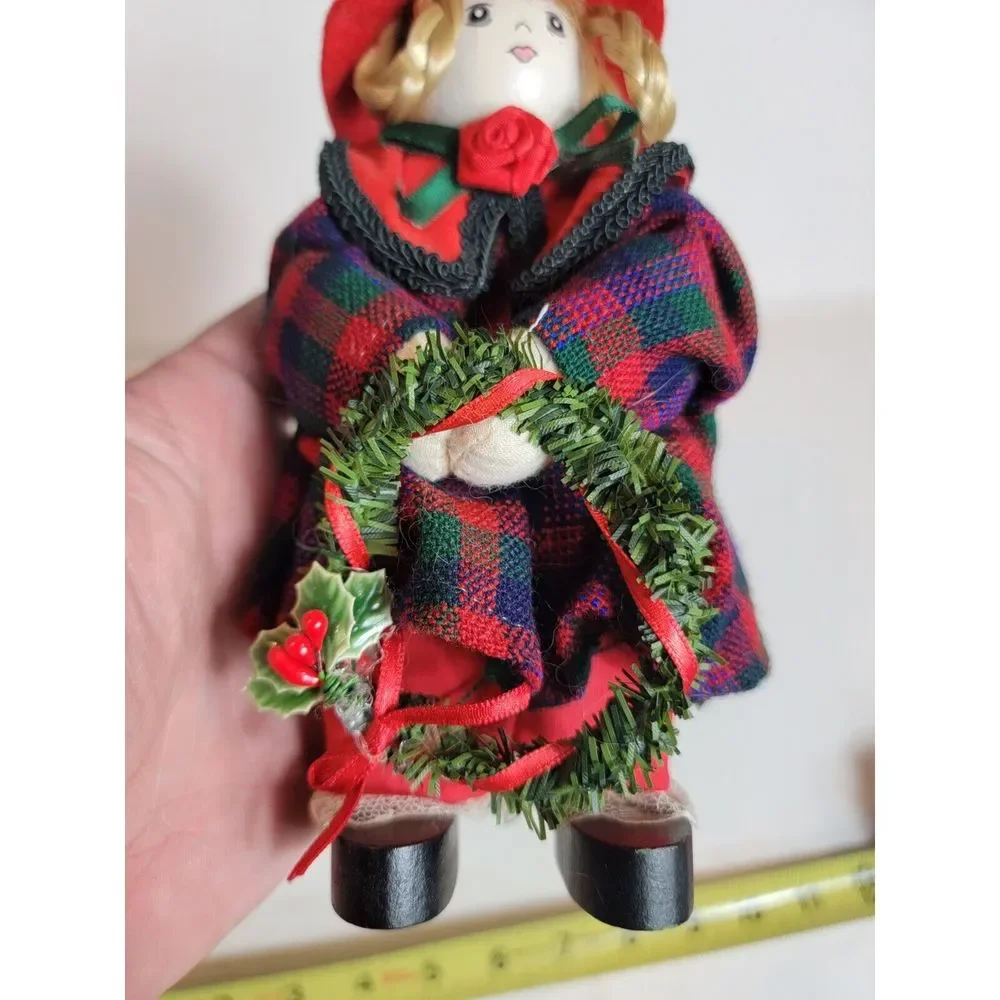 Wood Girl Christmas Wreath Red Green Plaid‎ Felt Hat Blond Hair R.O.C. Holidays